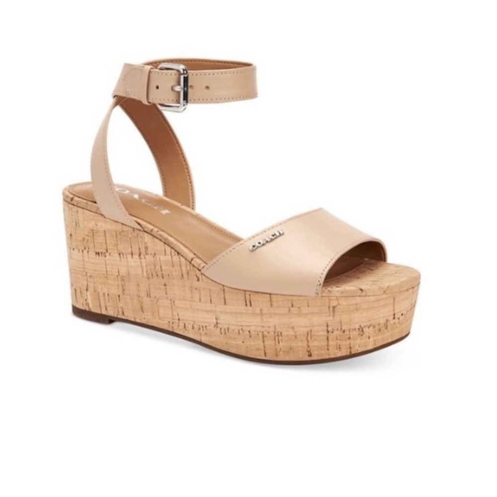 Coach Becka taupe ankle wrap kork wedge sandals | size 9.5